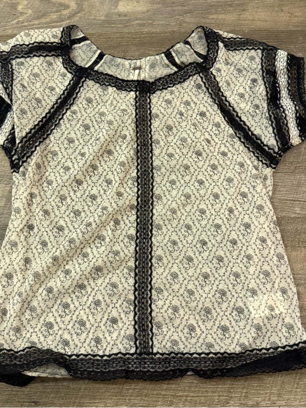 Free People Cream Lace Blouse with Black Lace Trim